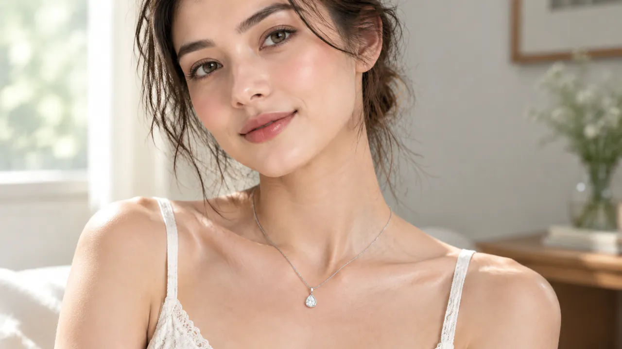 Close portrait showing a simple silver necklace worn at the collarbone