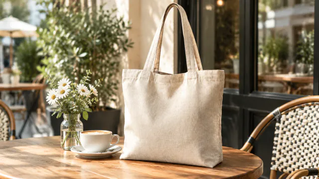 Linen tote bag beside a coffee cup at a sunny cafe
