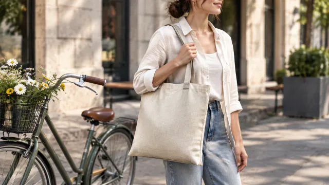 Linen tote bag carried beside a city bike