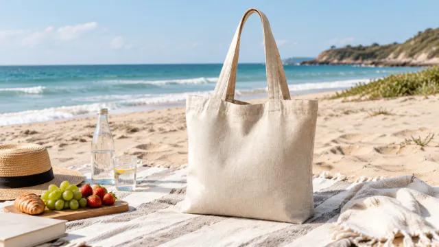 Linen tote bag on a beach picnic blanket