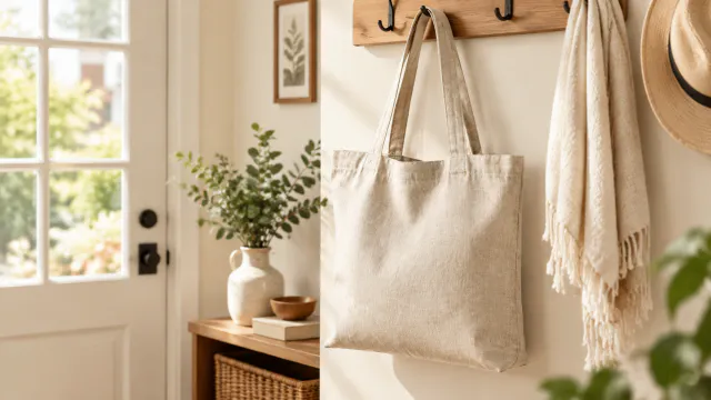 Linen tote bag hanging in a bright home entryway
