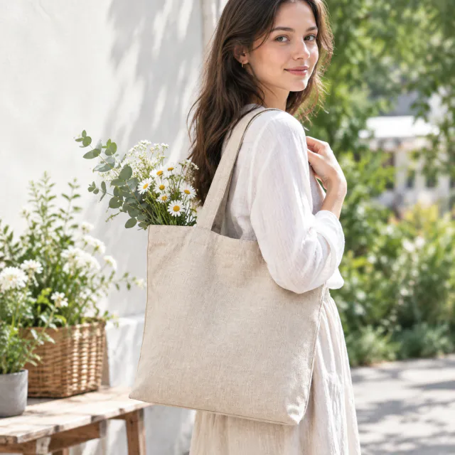 Portrait-ready lifestyle crop of the linen tote bag