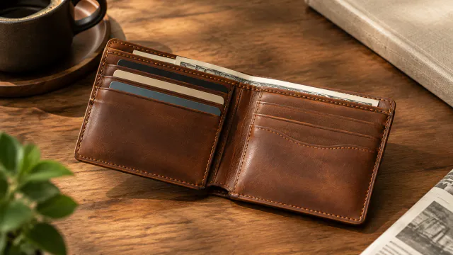 Interior card slots of the brown leather wallet