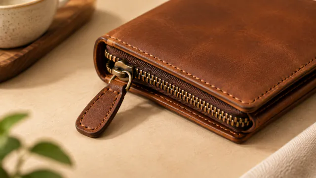 Close view of the wallet zipper and pull