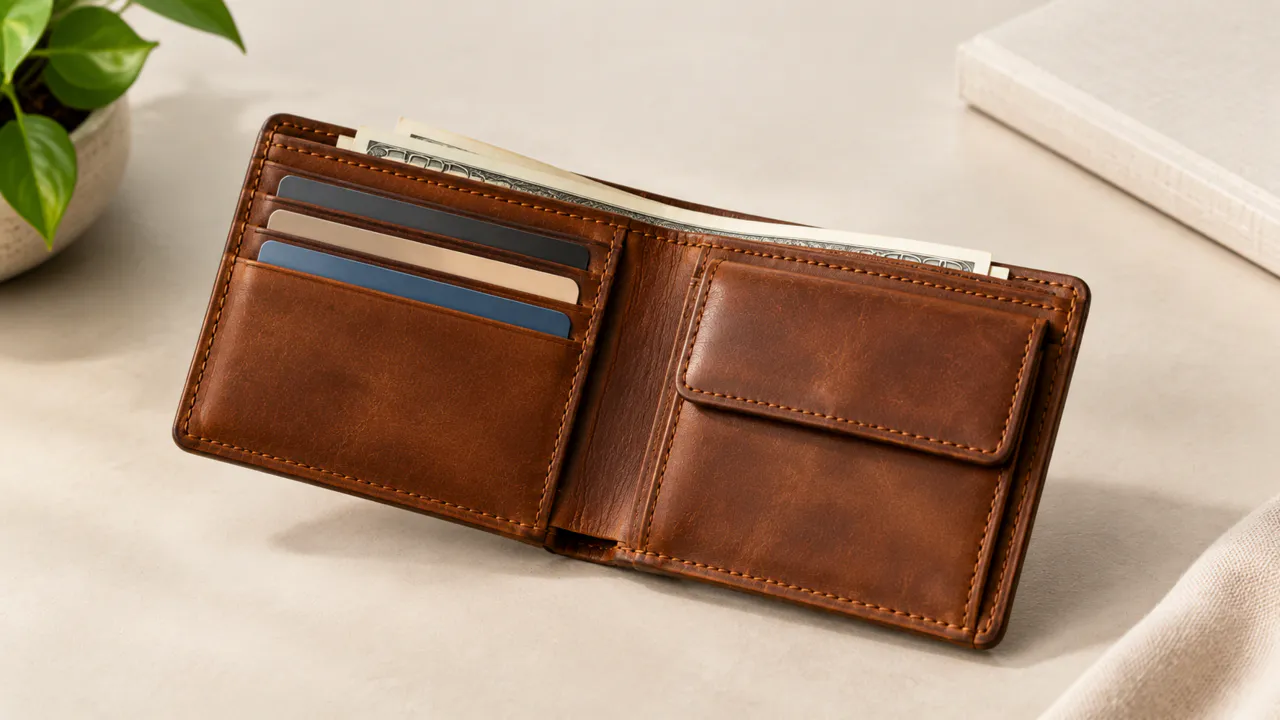 Open wallet interior on a neutral background