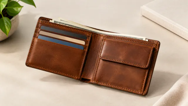 Open wallet interior on a neutral background