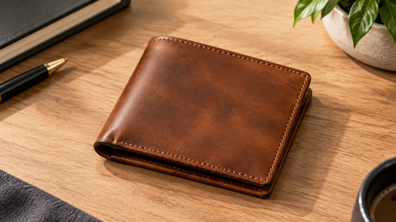 Close product image of a brown leather wallet with clean studio lighting