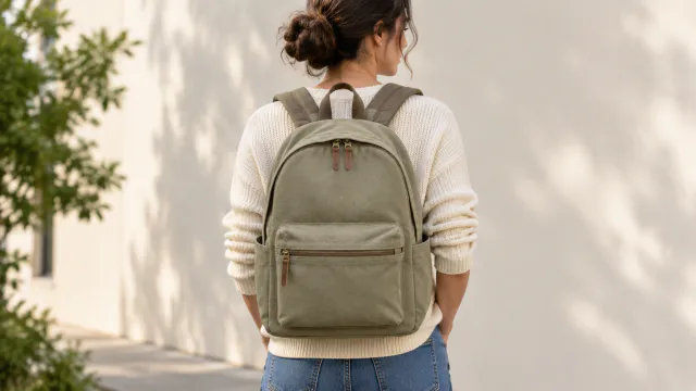 Front view of the backpack worn by a person