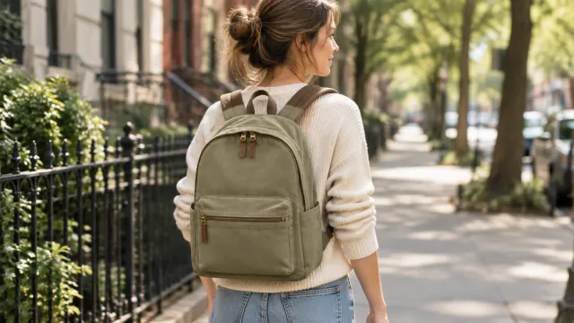 Person wearing a canvas backpack on a city walk.