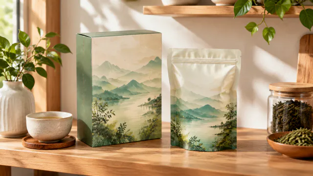 Tea packaging arranged on a realistic kitchen shelf.