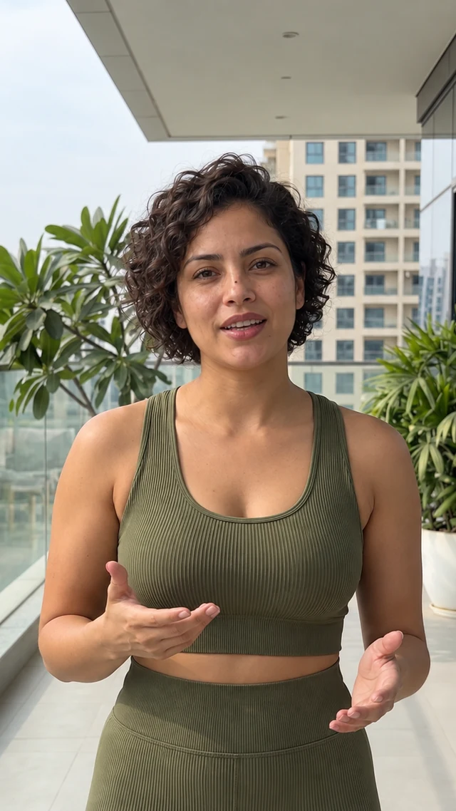 an adult Latina woman in her thirties in a balcony setting speaks to camera with empty hands.