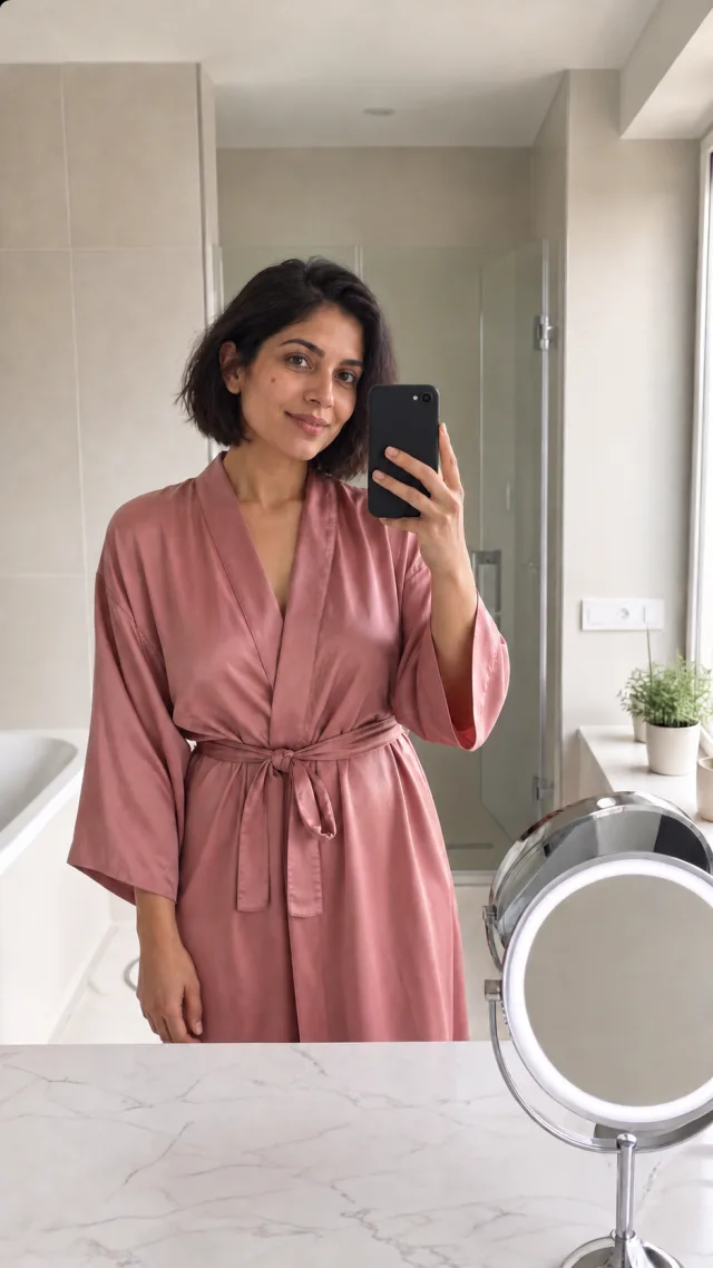 an adult South Asian woman in a dusty-rose bathrobe takes a bathroom mirror selfie with a plain dark phone with one circular lens.