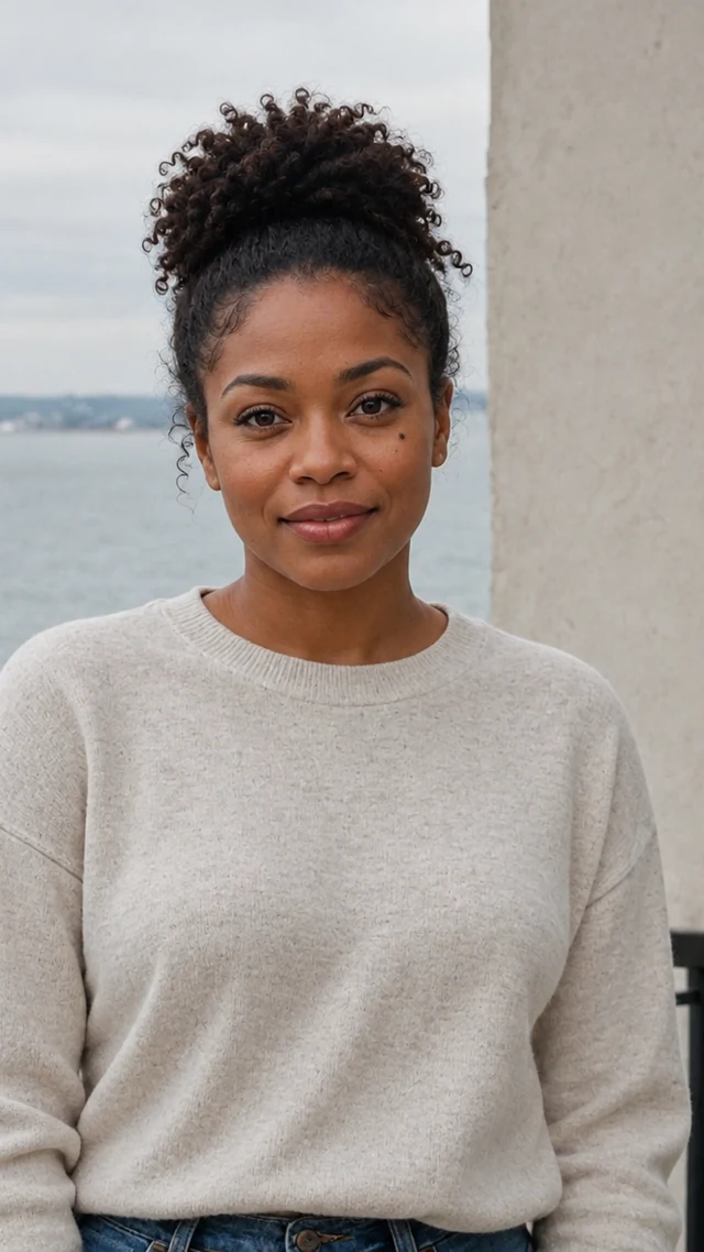 an adult Black woman in her thirties in a beach setting speaks to camera with empty hands.