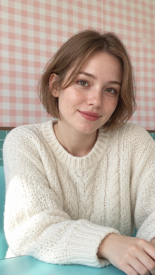 an adult white woman in her twenties in a cafe setting speaks to camera with empty hands.