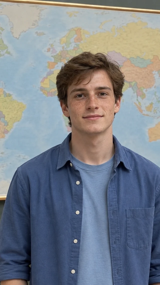 an adult white man in his twenties in a classroom setting speaks to camera with empty hands.