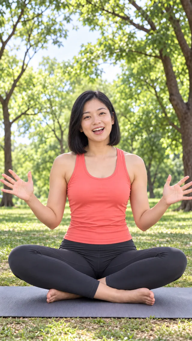 an adult East Asian woman with a straight black bob sits cross-legged on a park exercise mat with open hands.