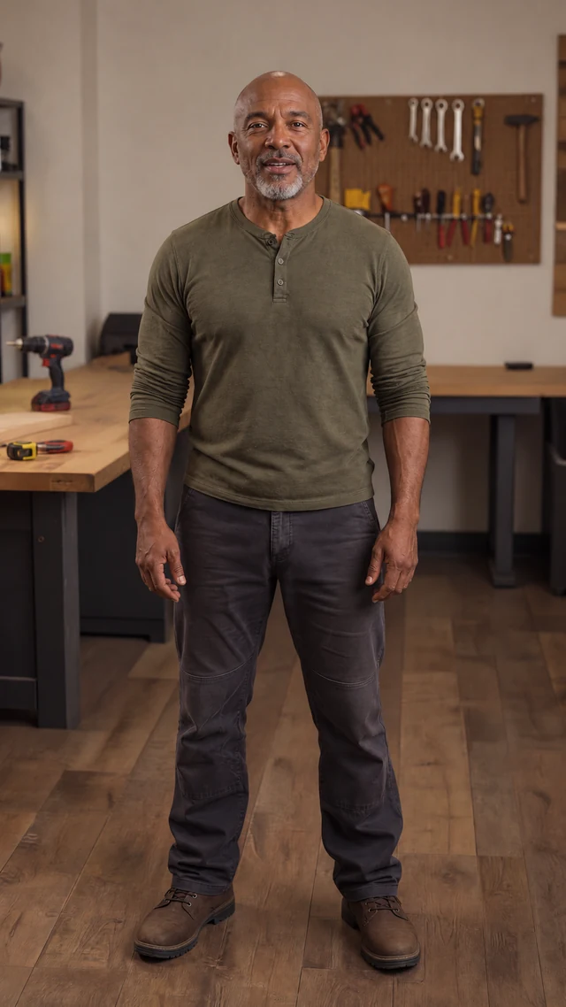 an adult Black man in his fifties in a garage setting speaks to camera with empty hands.