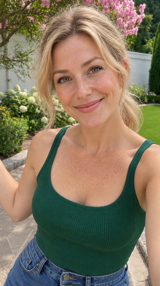 an adult white woman in her thirties in a garden setting speaks to camera with empty hands.