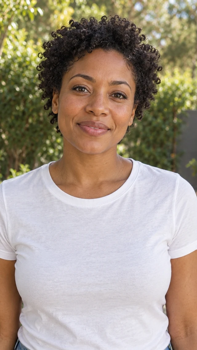 an adult Black woman in her thirties in a garden setting speaks to camera with empty hands.
