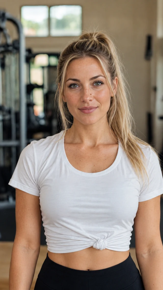 an adult white woman in her thirties in a gym setting speaks to camera with empty hands.