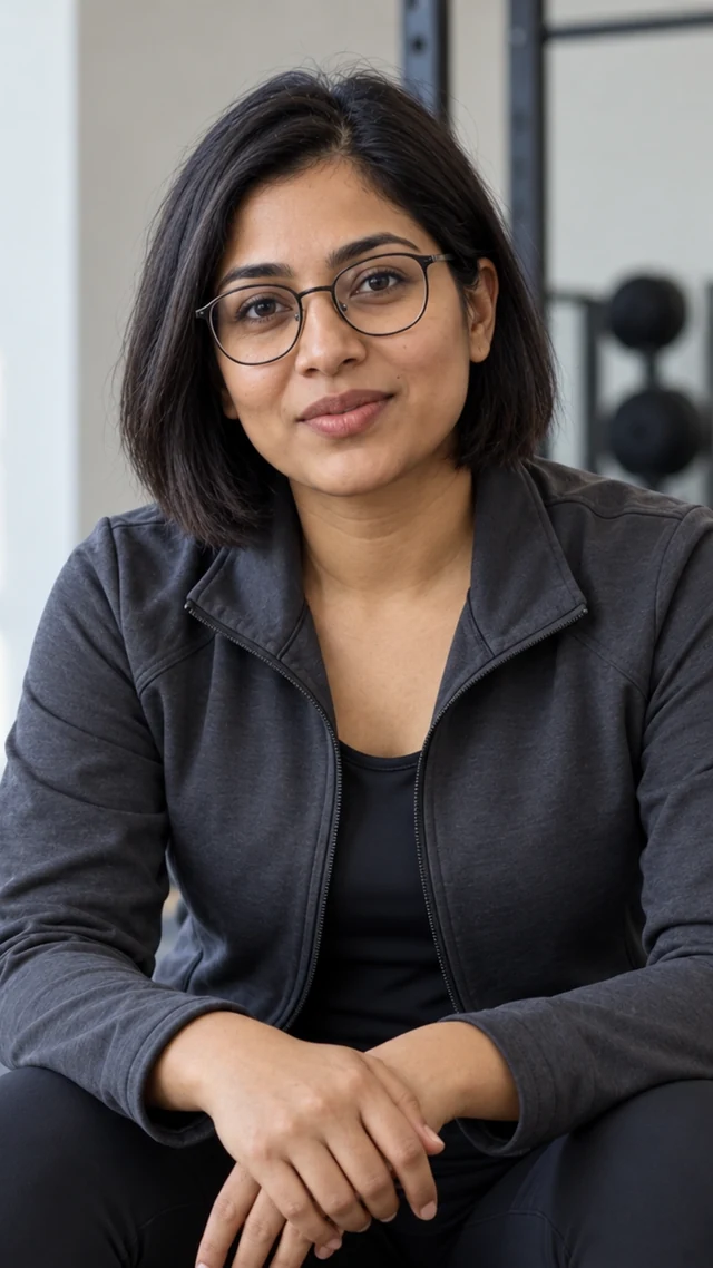 an adult South Asian woman in her thirties in a gym setting speaks to camera with empty hands.