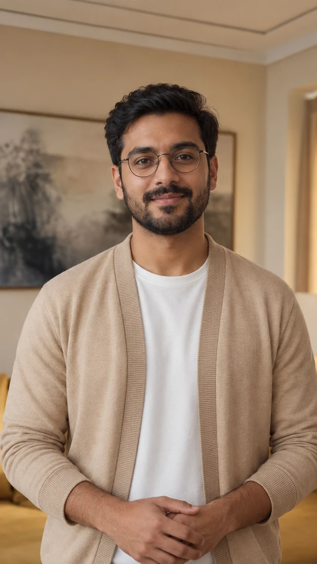an adult South Asian man in his thirties in a home setting speaks to camera with empty hands.