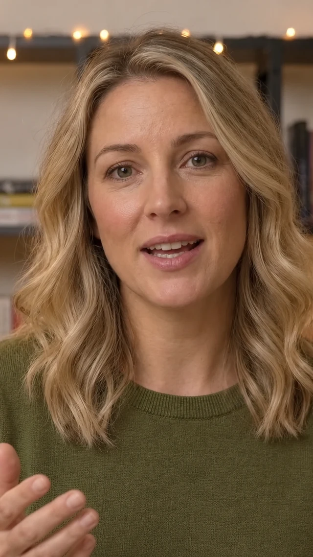 an adult white woman in her forties in a home setting speaks to camera with empty hands.