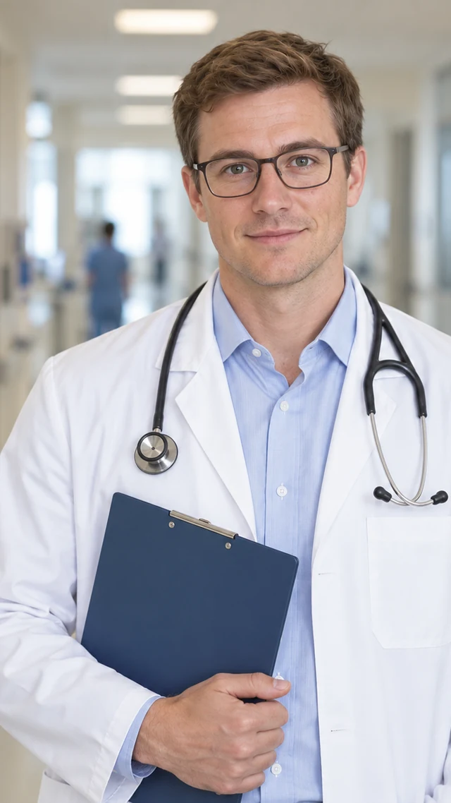 an adult white man in his thirties in a hospital setting speaks to camera with plain blank clipboard.