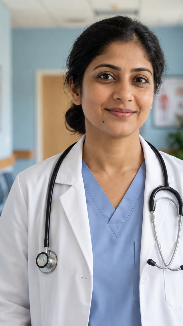 an adult South Asian woman in her thirties in a hospital setting speaks to camera with plain stethoscope.