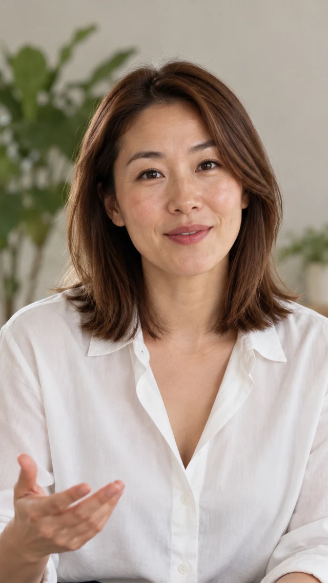 an adult East Asian woman in her thirties in a living room setting speaks to camera with empty hands.