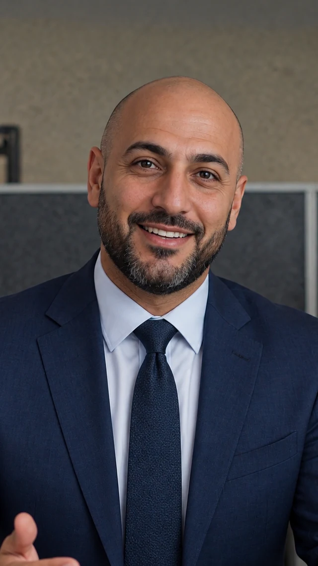 an adult Arab man in his forties in an office setting speaks to camera with empty hands.
