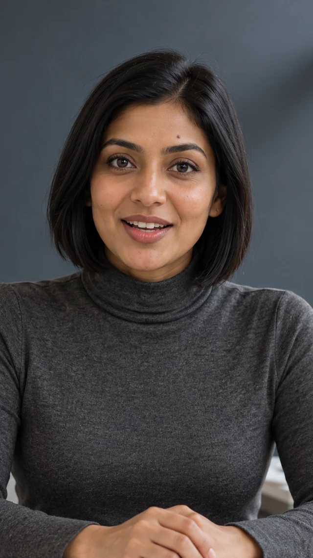 an adult South Asian woman in her thirties in an office setting speaks to camera with empty hands.