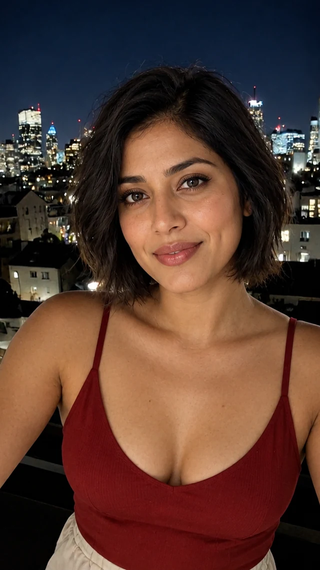 an adult South Asian woman in her thirties in an outdoor setting speaks to camera with empty hands.