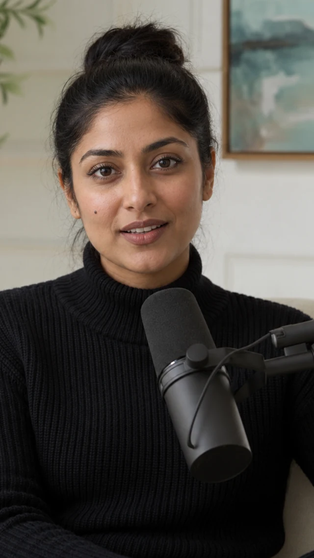 an adult South Asian woman in her thirties in a podcast setting speaks to camera with plain black podcast microphone.