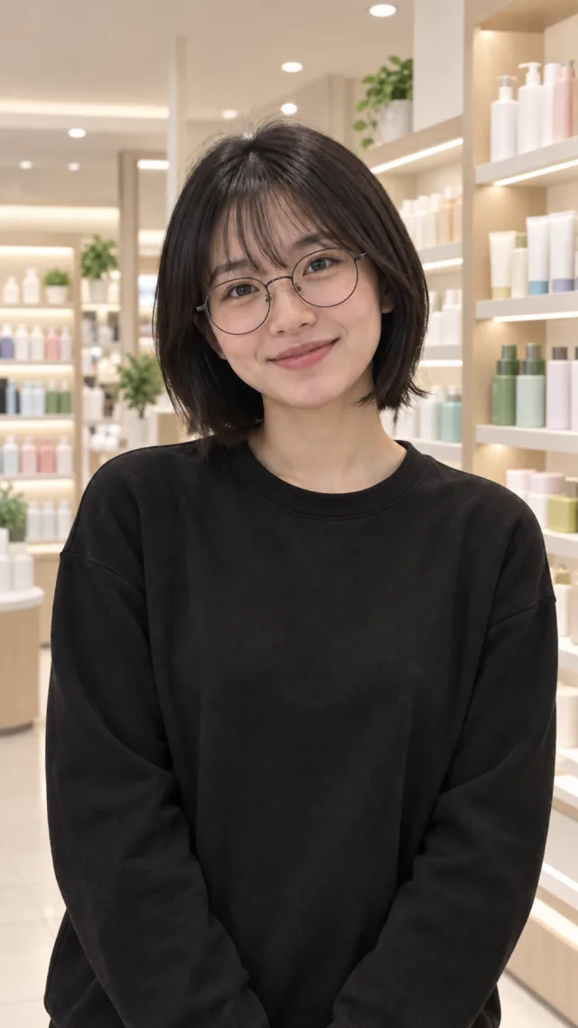 an adult East Asian woman with a short black bob and round glasses speaks in a beauty and personal-care store aisle.
