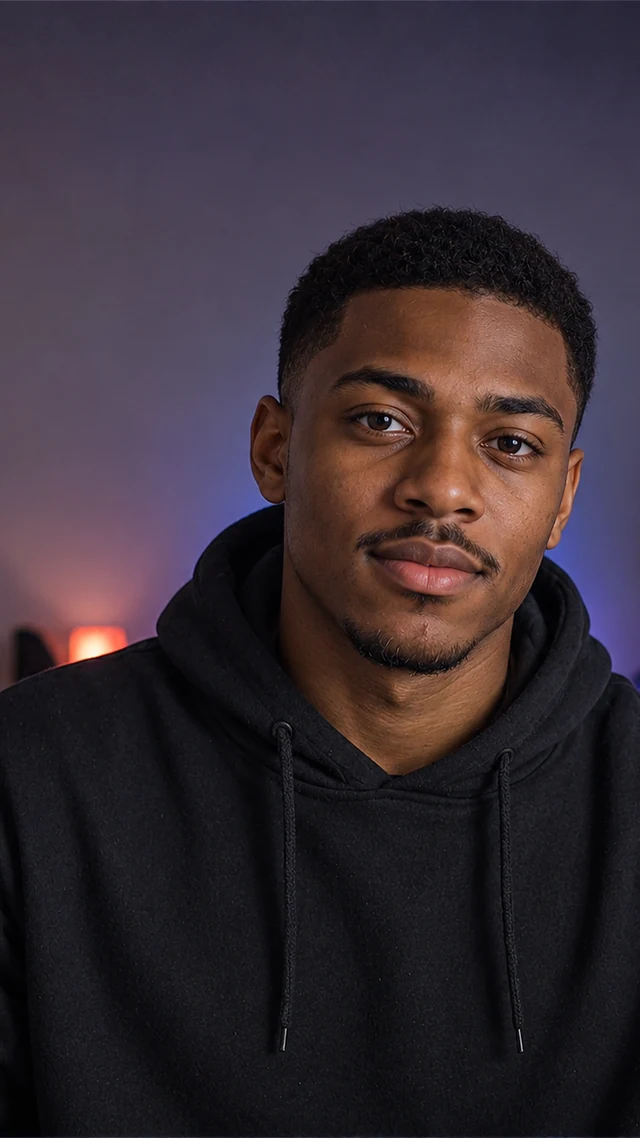 an adult Black man in his twenties in a studio setting speaks to camera with empty hands.