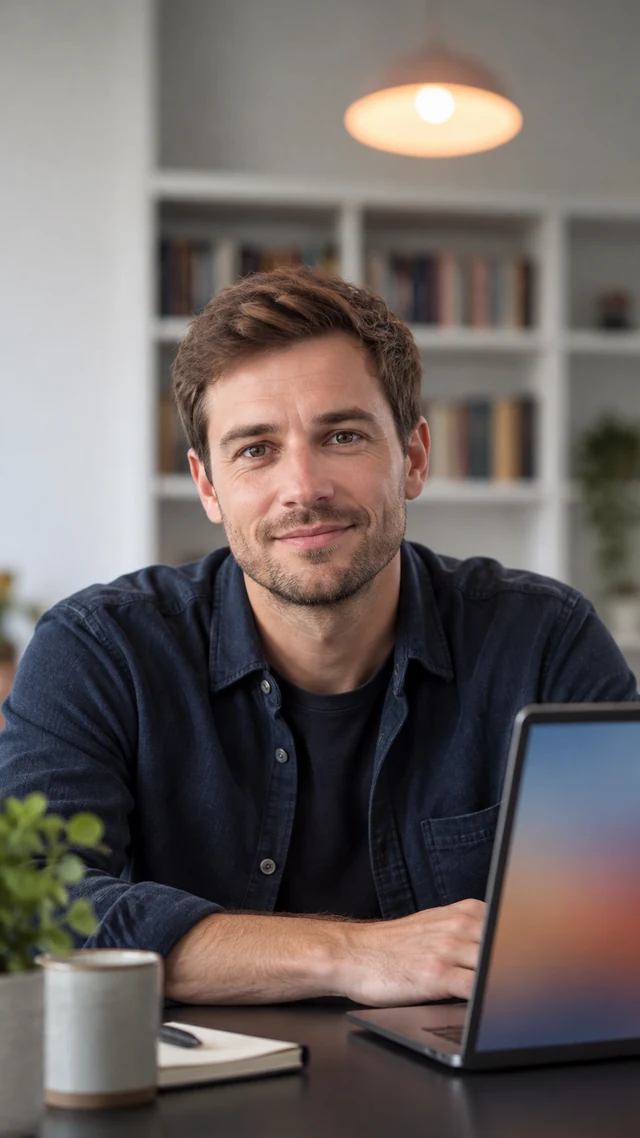 an adult white man in his thirties in a study room setting speaks to camera with open laptop with abstract screen.