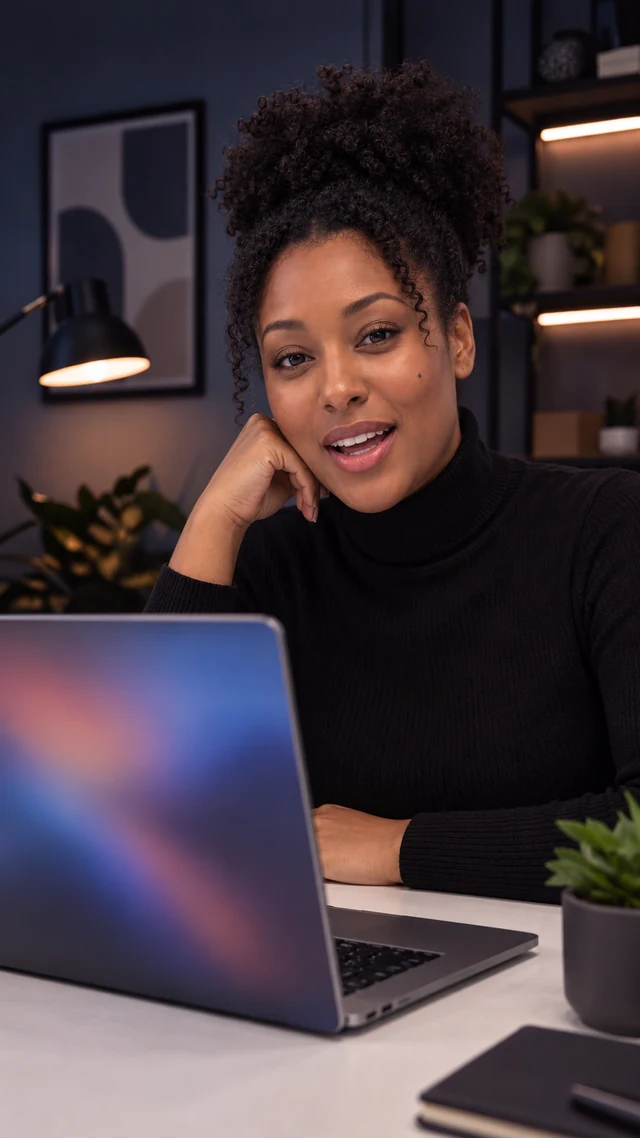 an adult Black woman in her thirties in a study room setting speaks to camera with open laptop with abstract screen.