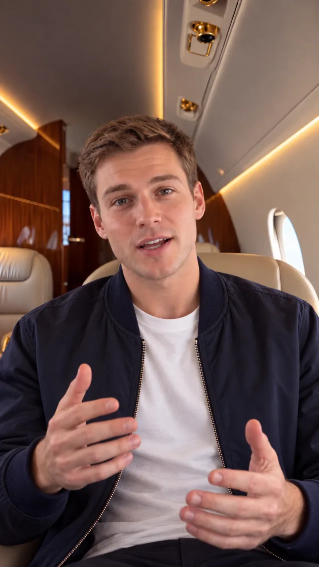 a young white man in a navy flight jacket speaks from an airplane seat with both hands gesturing.