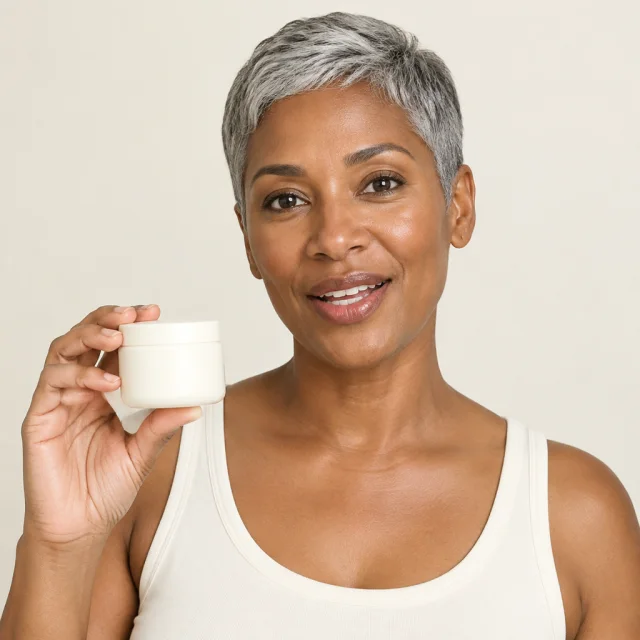 Adult Black woman with a short silver-gray pixie cut holds a plain opaque skincare jar toward the camera.