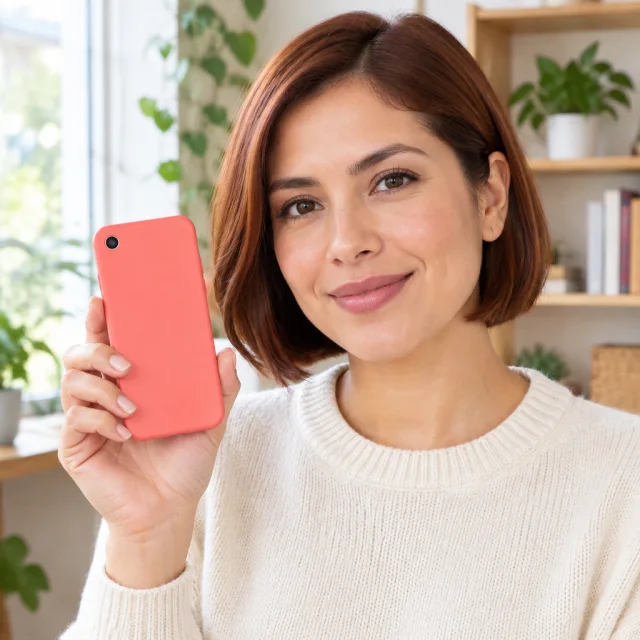 Adult Latina woman with a short auburn bob holds a plain coral phone case beside her face.