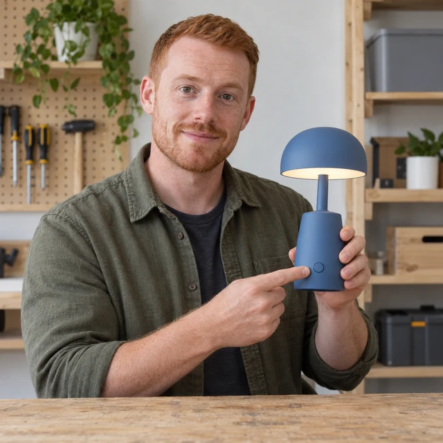 You get a product guide of an adult man with close-cropped red hair pointing at the button on a plain blue portable lamp.