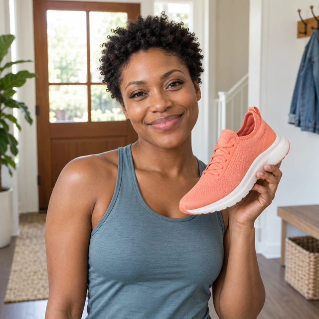 You get a paid social ad of an adult Black woman with short natural curls holding a plain coral running shoe in a bright entryway.
