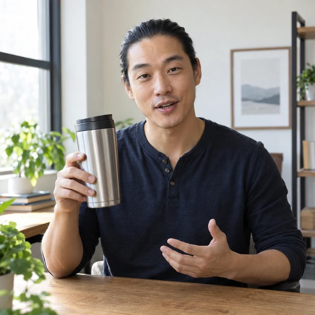 You get a product-page video of an adult East Asian man with a tight bun holding a plain stainless travel mug beside a wooden desk.