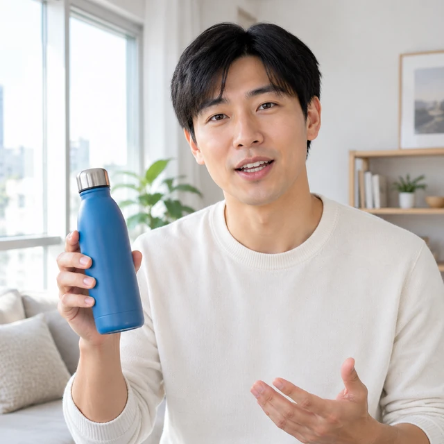 Adult East Asian man with short black hair holds a plain matte blue insulated bottle toward the camera.