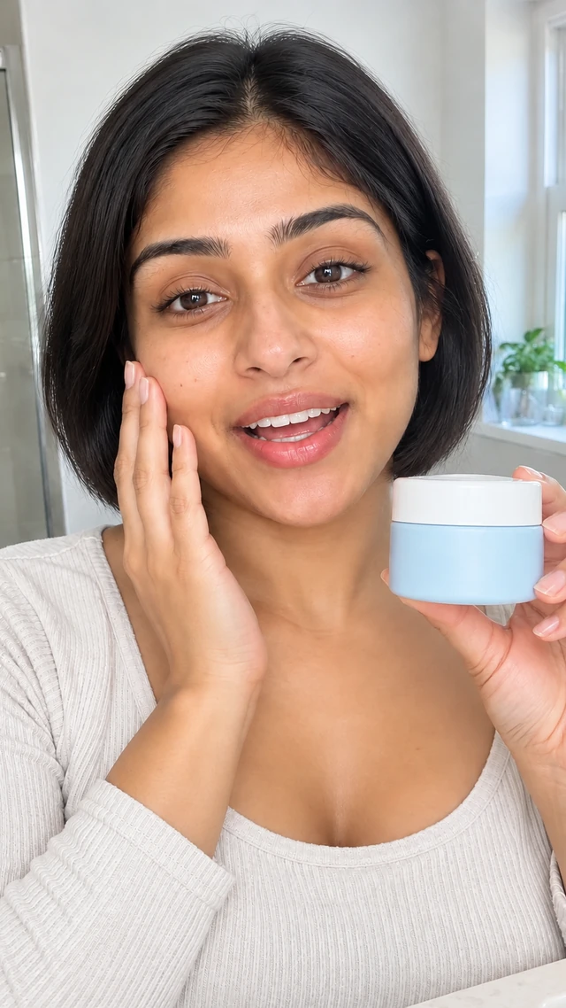 Adult South Asian woman with a short dark bob holds a plain sky-blue moisturizer jar with white lid toward the camera in a bright bathroom.