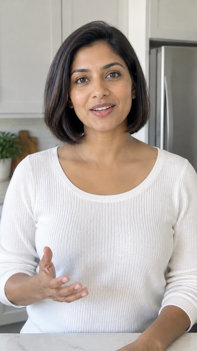 an adult South Asian woman in her thirties with a short dark bob speaks to camera with empty hands in a bright kitchen.