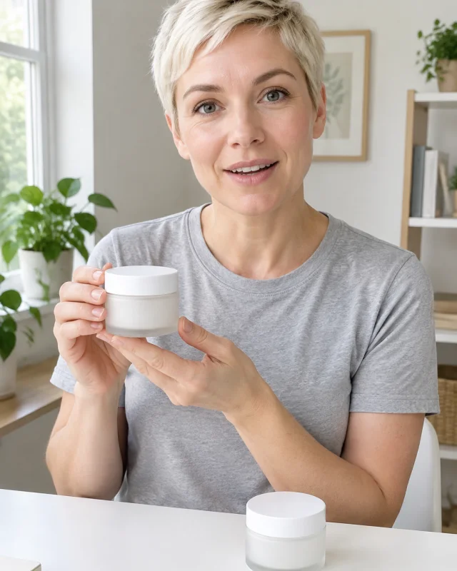 A woman with a short platinum pixie holds a plain white screw-lid jar, with the same jar on the table.