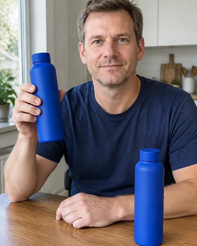 A man with short sandy hair holds up a closed matte blue bottle, and the same bottle stands on the wooden table.
