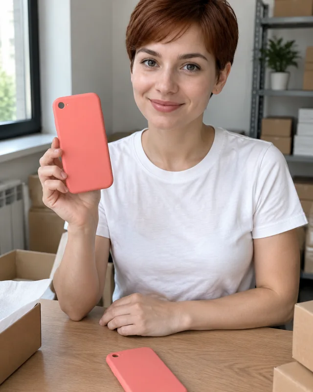 A woman with a short auburn crop holds a coral phone case with one round hole, and the same case lies on the packing table.